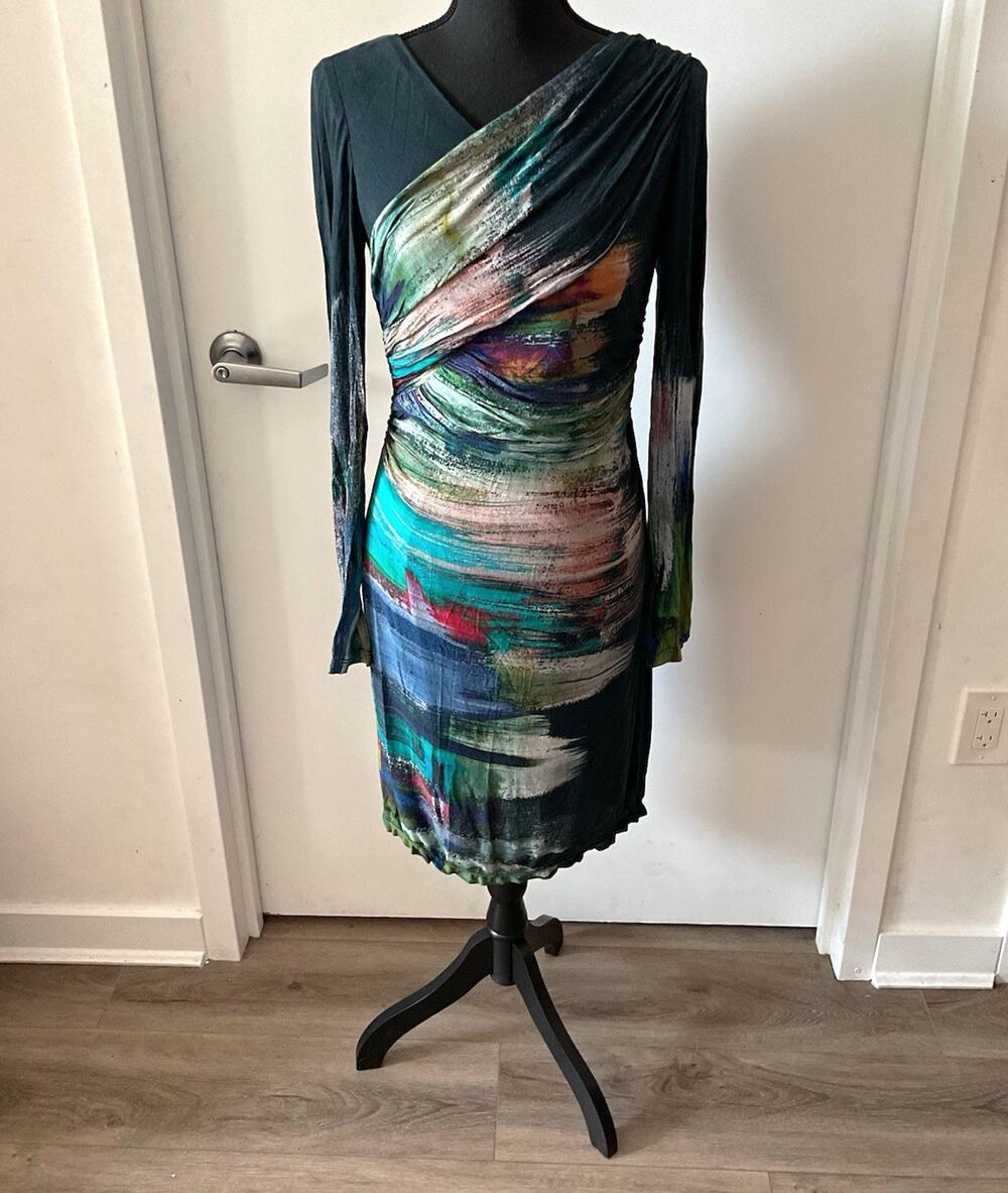 Kay Unger New York Abstract Multicolor Ruched Sheath V-Neck Zip Lined Sz 6